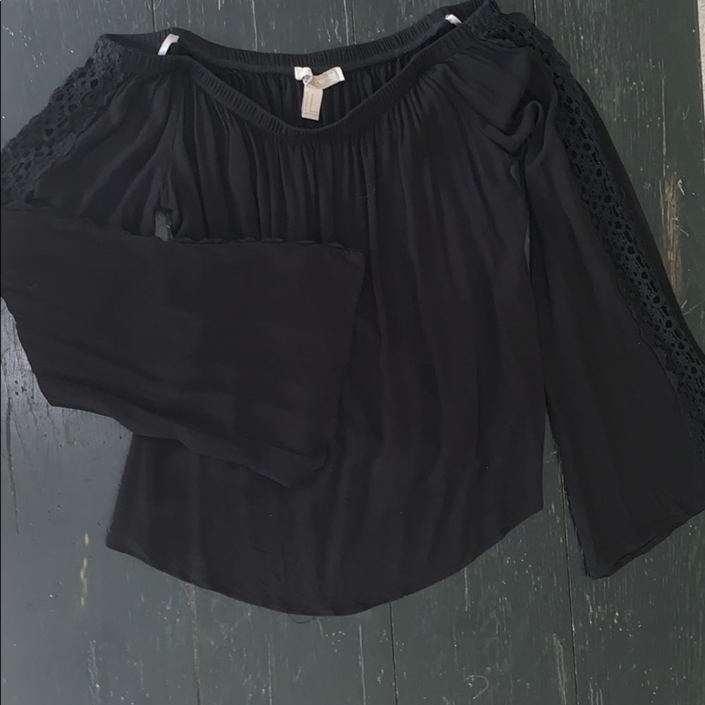 Off the shoulder black bell-bottom top